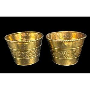 Vintage Pair Hosley Brass Planter Pots Hammered 5 x 7 Rolled Edge set of 2